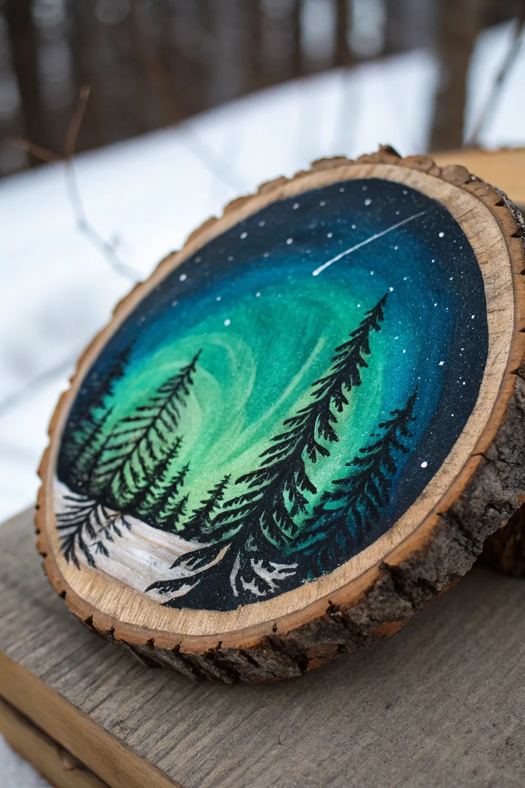 Paint a glowing aurora on a log slice: bold teal ribbons over midnight pines and warm wood grain.