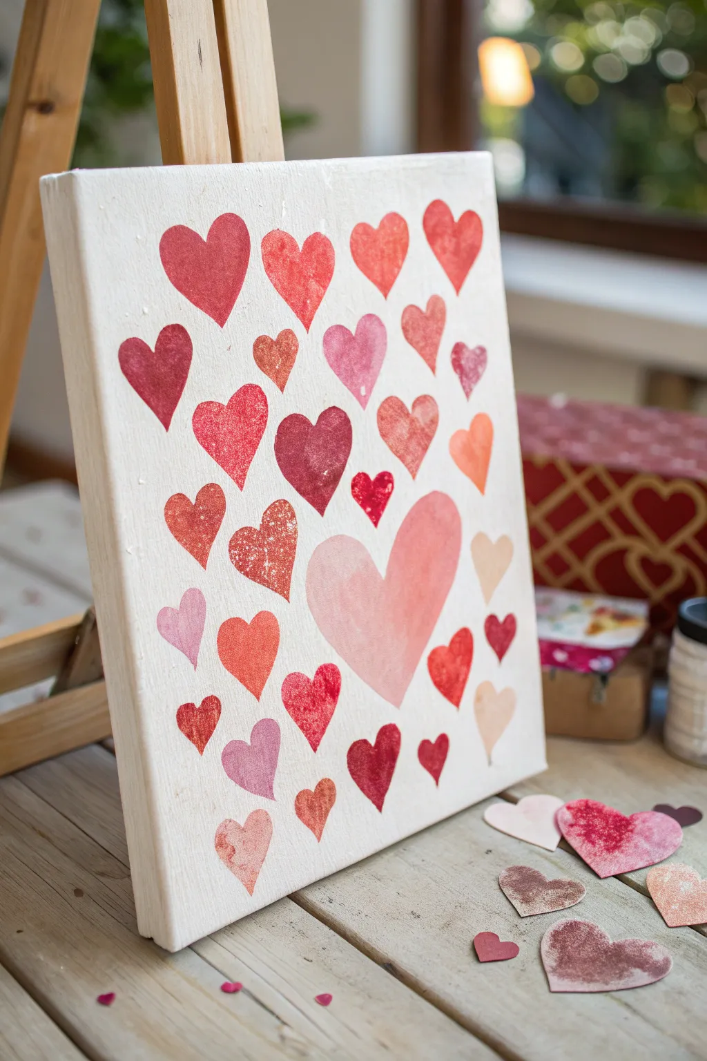 Layered heart stamps in bold reds and blush tones for a modern abstract love canvas.