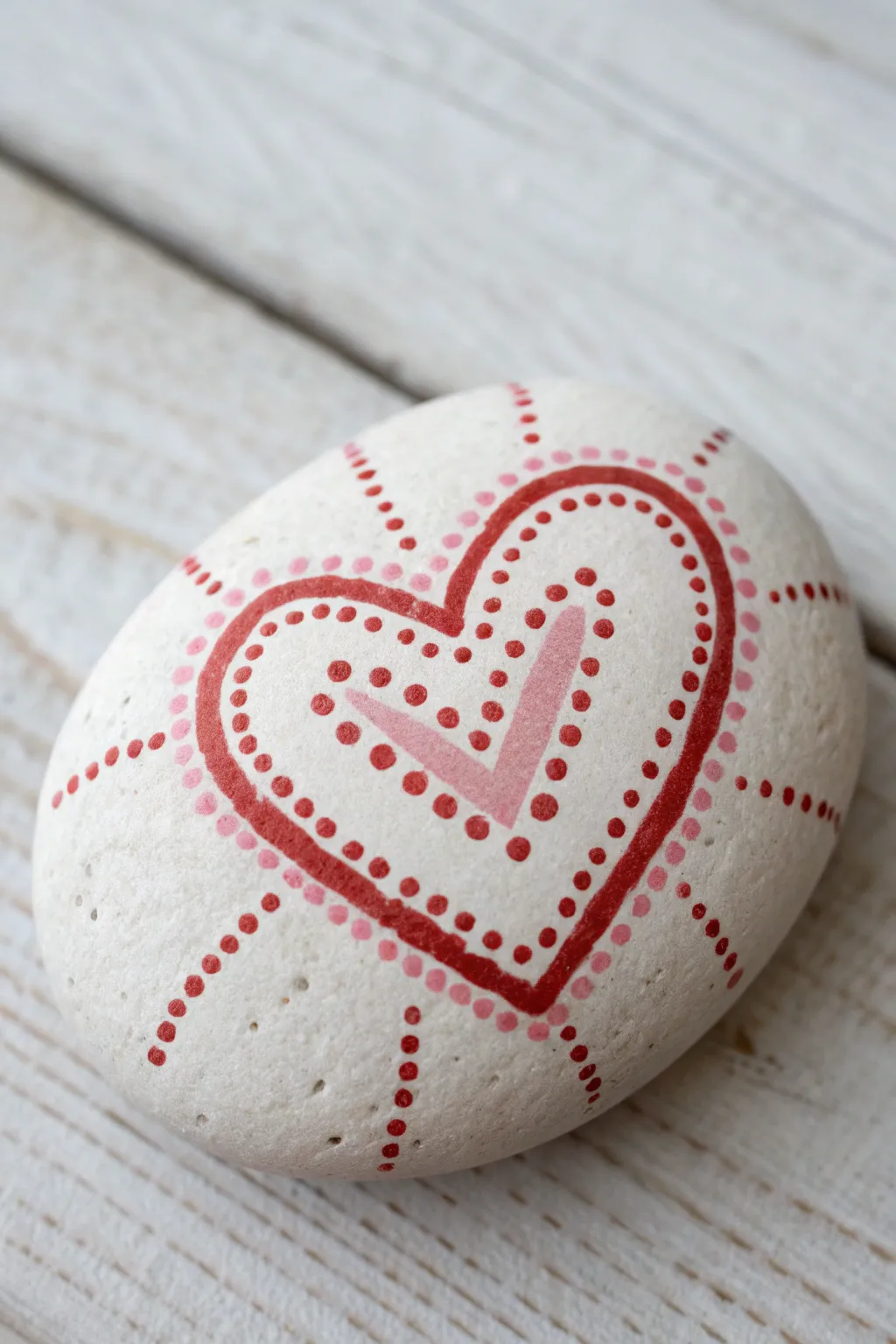 Cross-stitch heart rock in bold reds and pinks, Scandinavian minimal boho craft inspiration