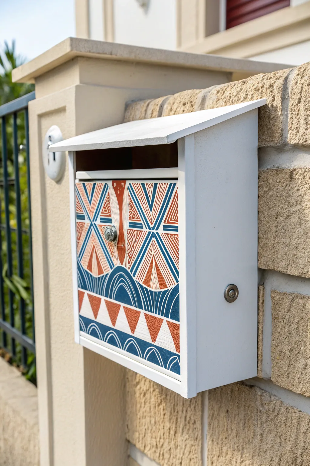 Minimal mailbox outside, bold patterned surprise inside for a chic Scandinavian boho pop