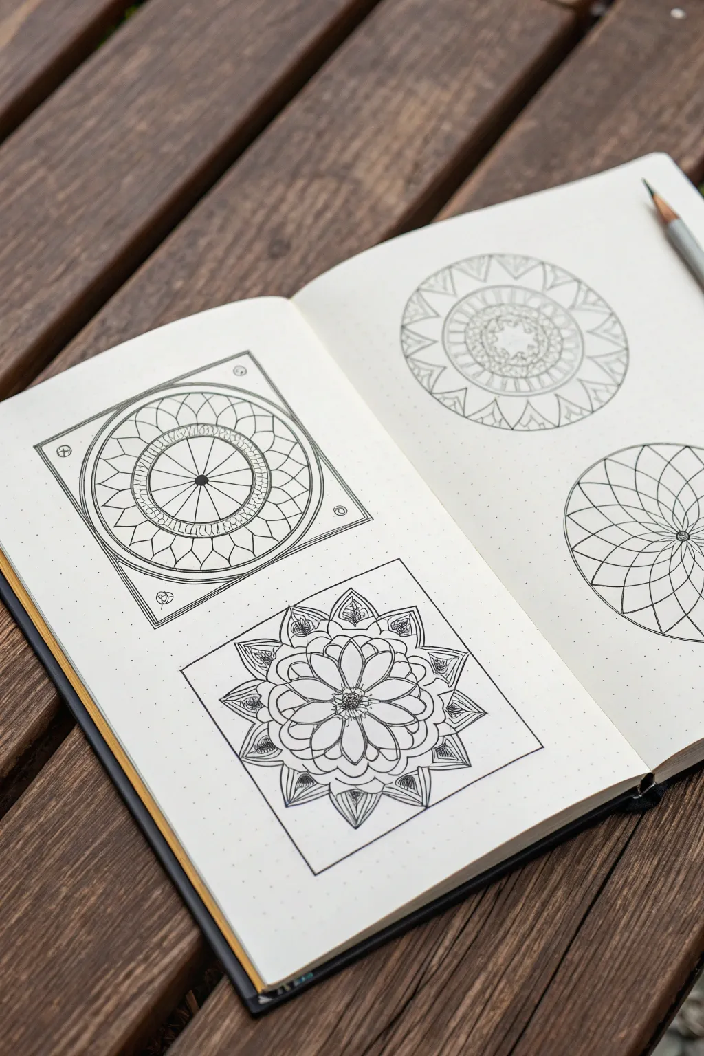 Square, heart, and fan mandala frames with pencil grids and bold ink accents