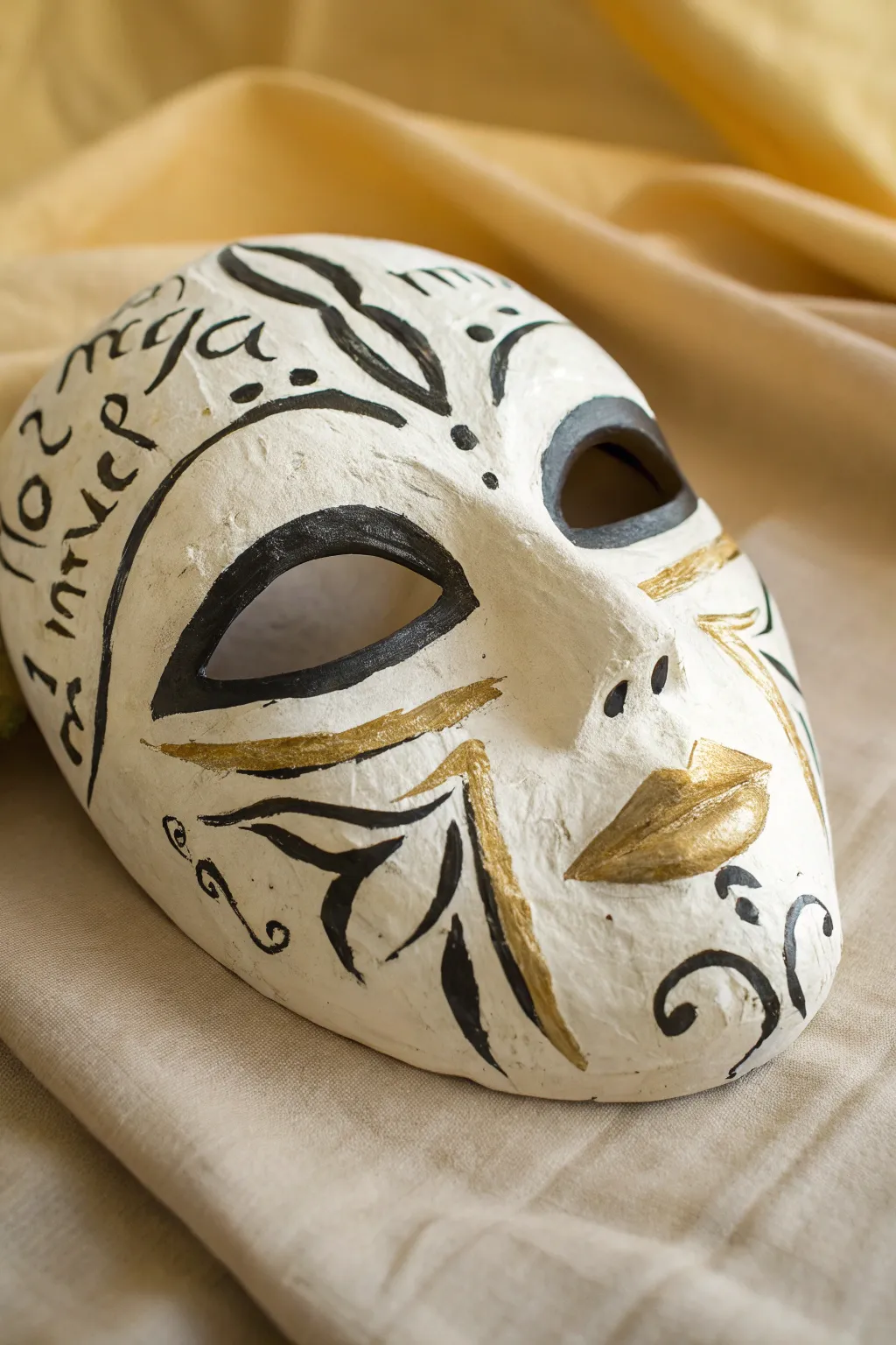 Minimalist boho mask art with sweeping calligraphy-like strokes across brow and cheeks.