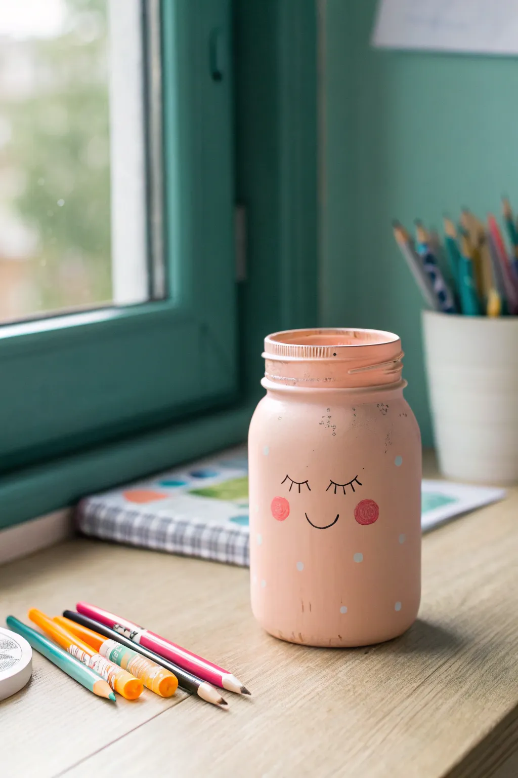 Cute pastel mason jar with smiling face and rosy cheeks, perfect DIY gift for kids rooms