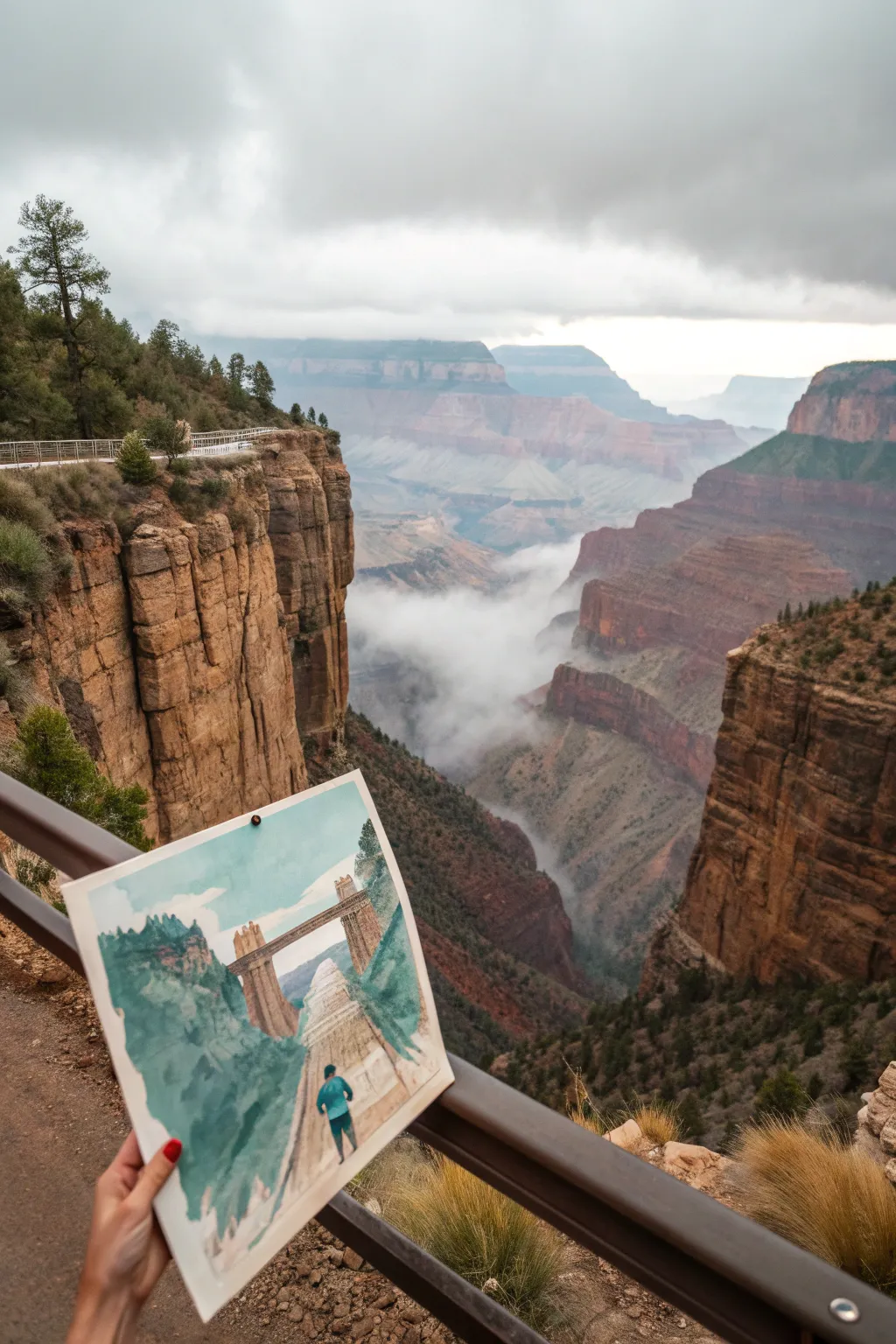 Matte painting idea: an impossible mega-bridge over a foggy canyon with tiny figures for scale