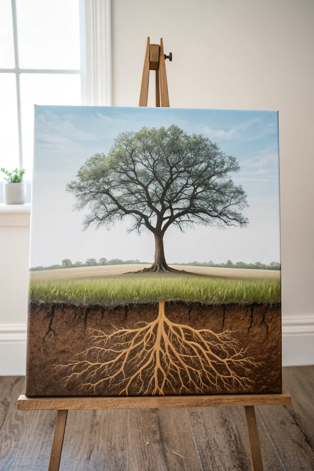 Split-scene cutaway landscape on a medium canvas: minimalist tree above, colorful roots below