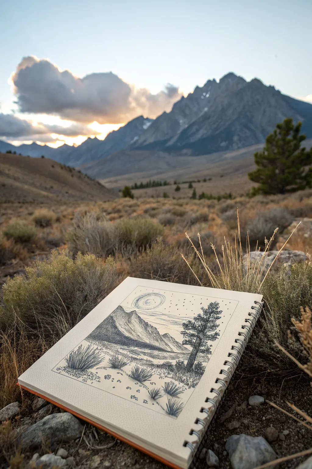 Stippled mountain landscape with airy distant peaks and richly dotted foreground depth