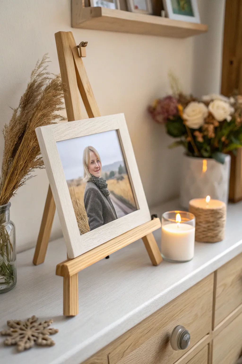 A serene frame-within-a-painting memorial canvas, softly lit with blooms and candle glow.