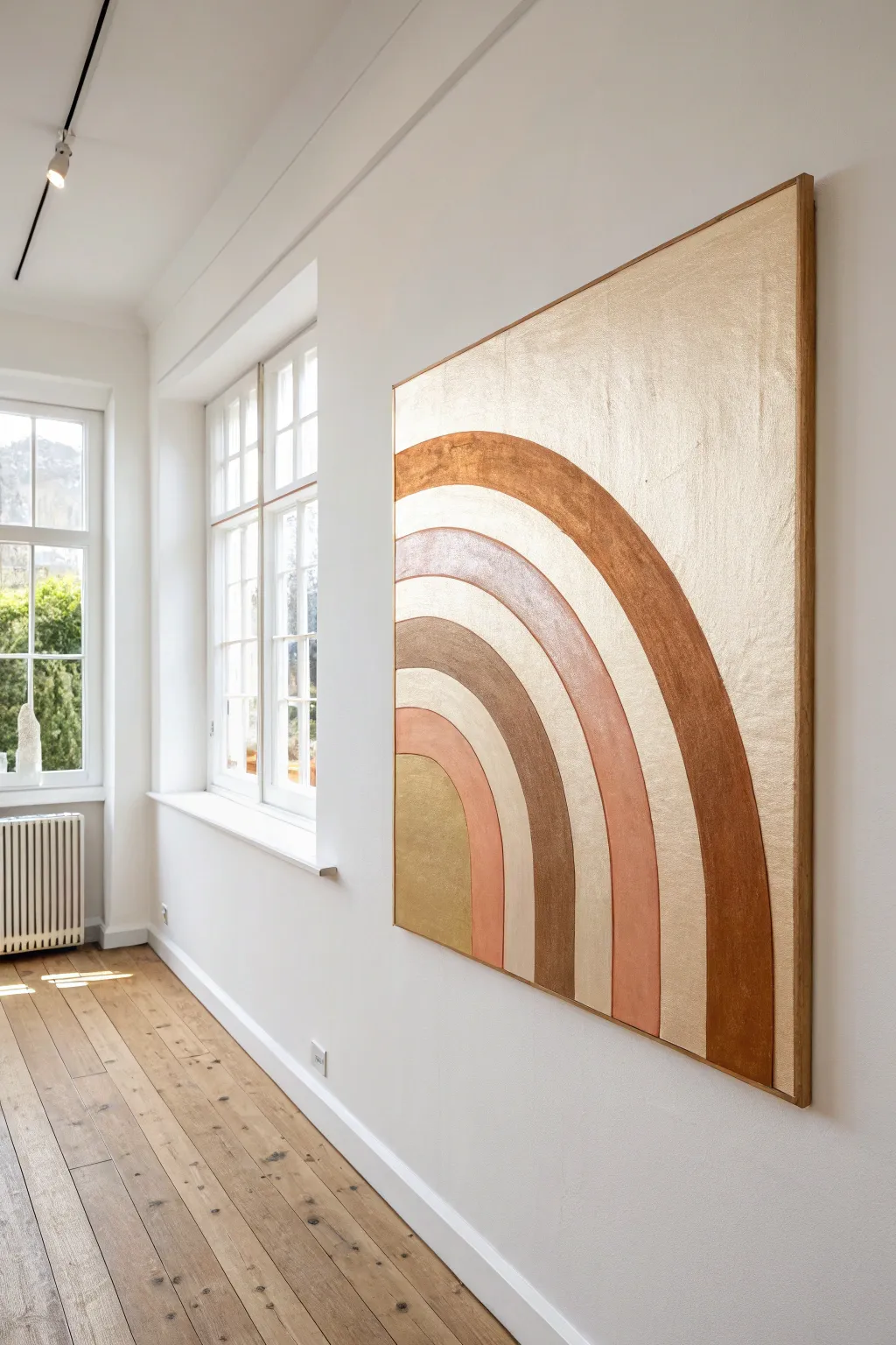 Matte minimal canvas with one metallic copper arc, bold negative space and modern boho calm.