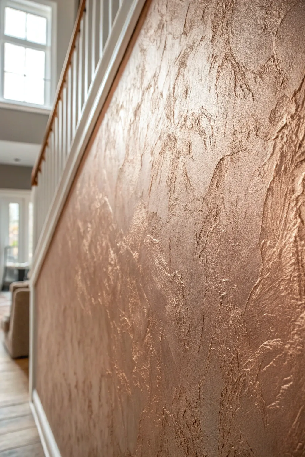 Troweled metallic plaster wall in clay rose and champagne, raking light for sculpted shimmer.