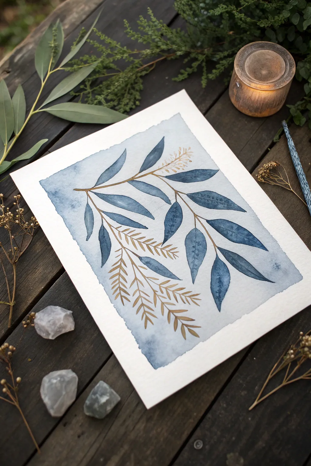 Try negative painting: dark washes, bright leaves, and shimmering metallic outlines that glow.