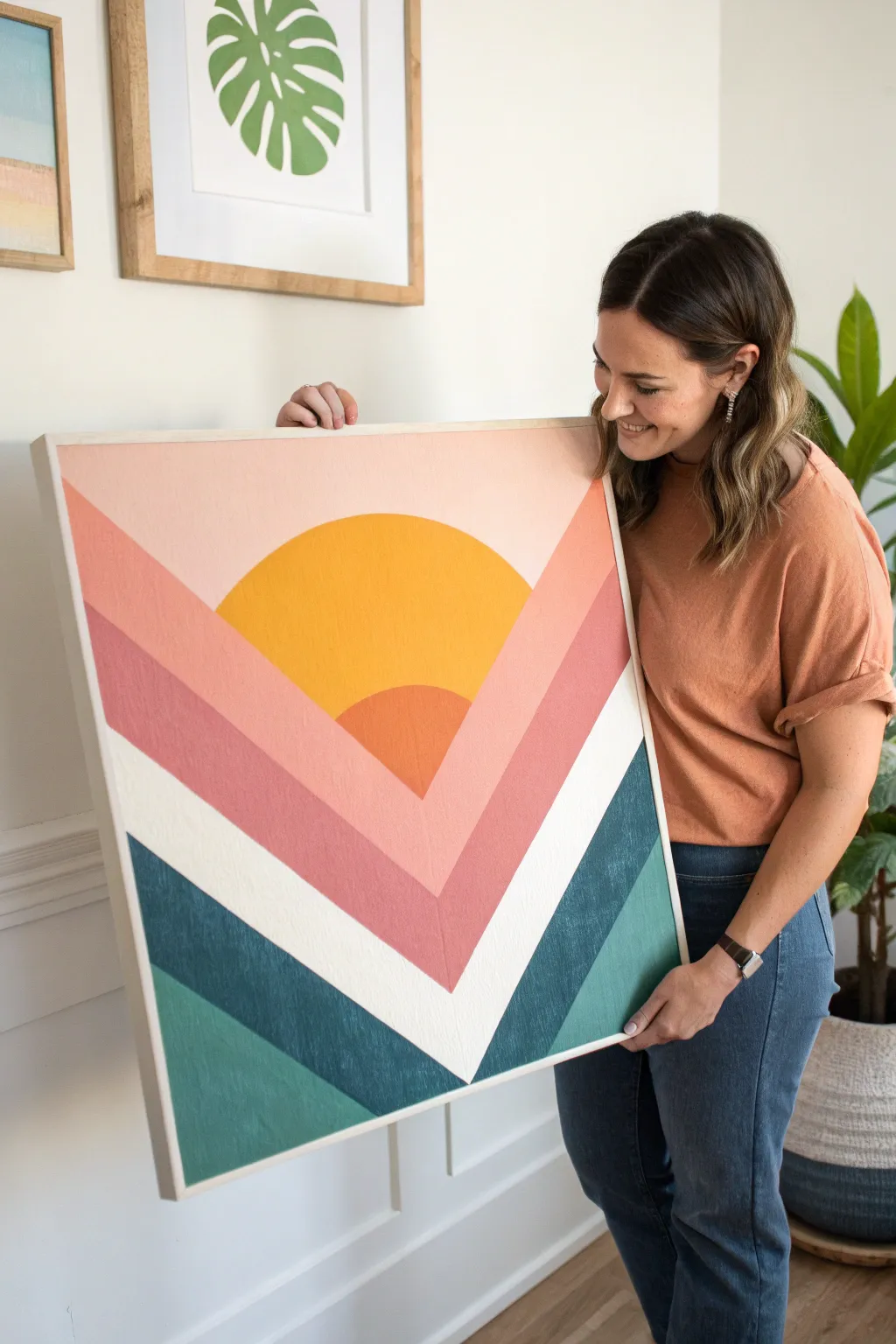 Sunrise ombre with crisp hard-edge shapes creates a bold, minimalist mid century modern art look.