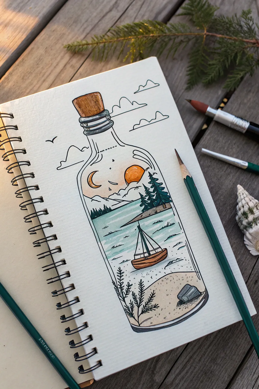 Mini scene in a bottle drawing idea with bold watercolor accents and clean Scandinavian vibes.