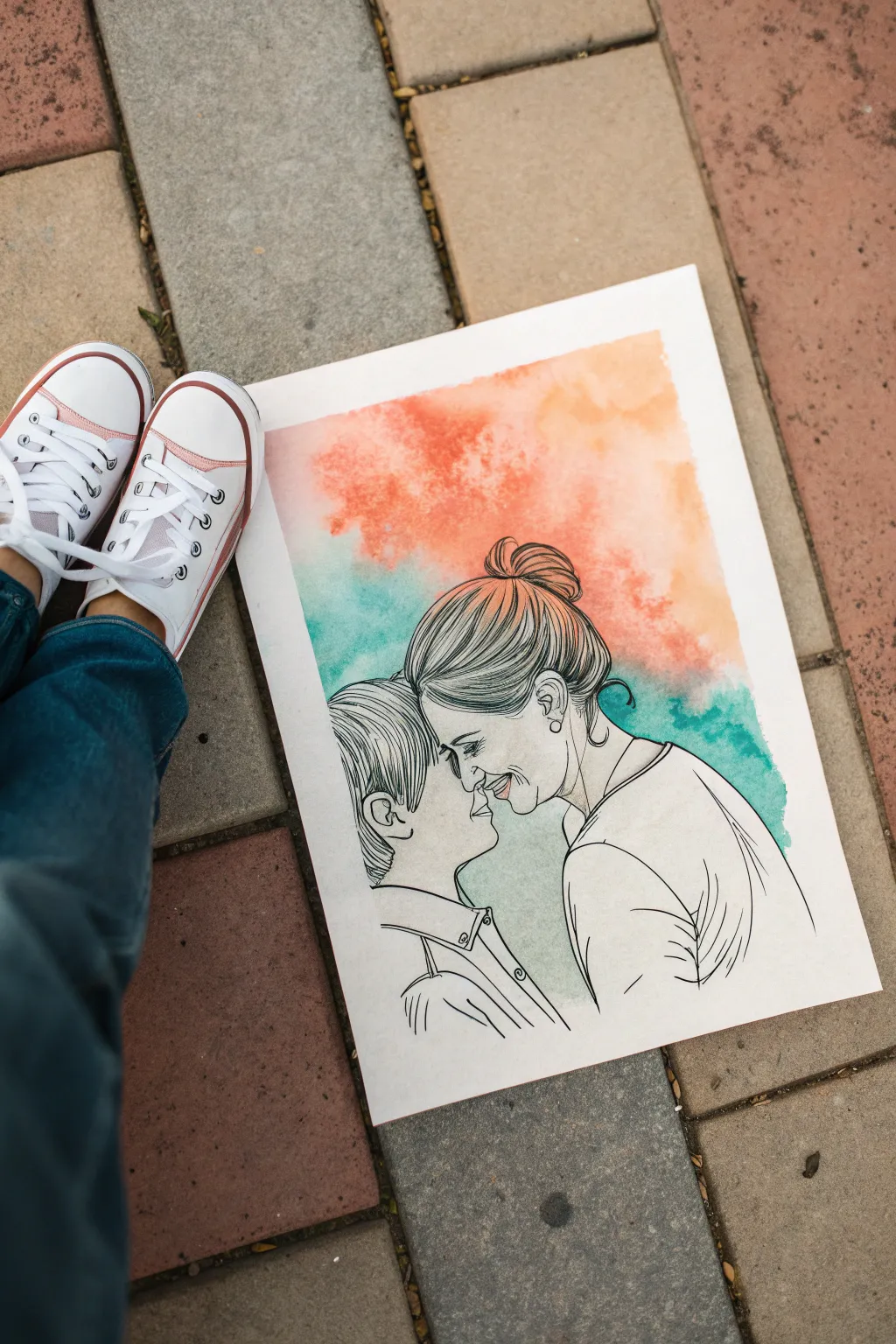 Bold watercolor wash with simple mom and son line art, a sweet minimal project to paint together