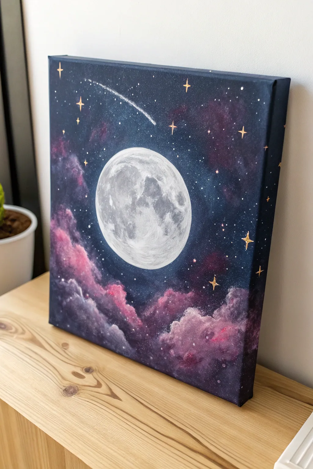 Bright moon painting in a dreamy purple-blue nebula, minimalist boho palette with bold contrast
