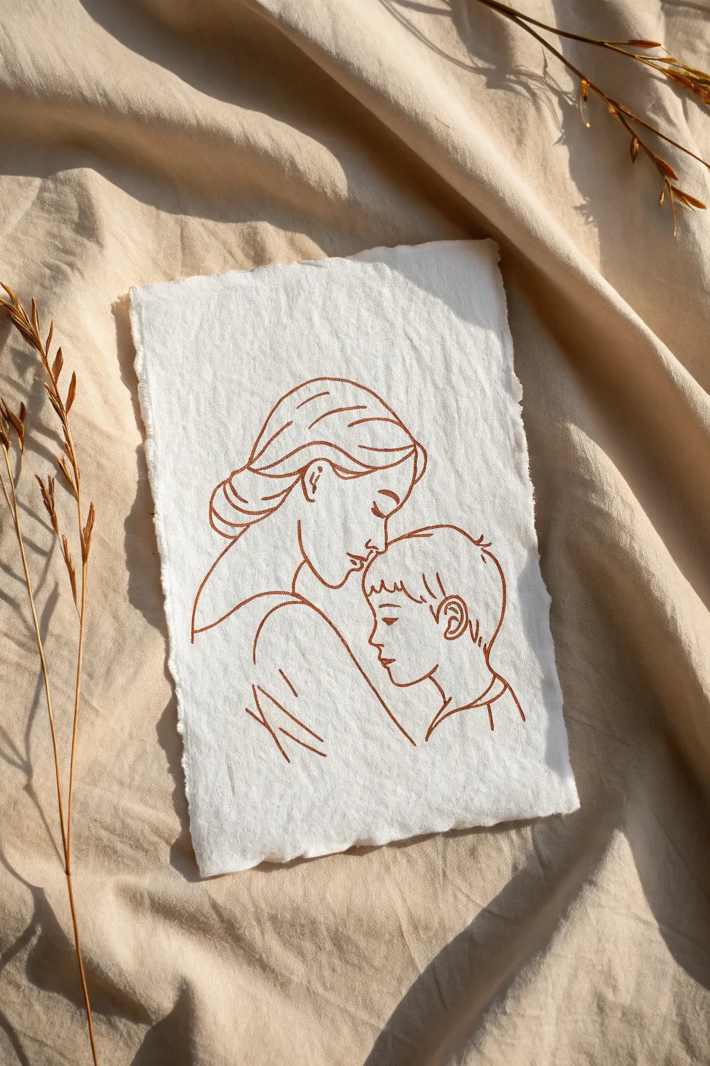 Elegant continuous single-line mother and son profile, Scandinavian minimal with a boho color pop