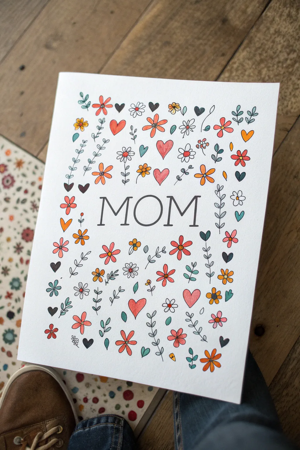 Elegant hidden message art: bold floral pattern reveals MOM in crisp negative space for Mothers Day