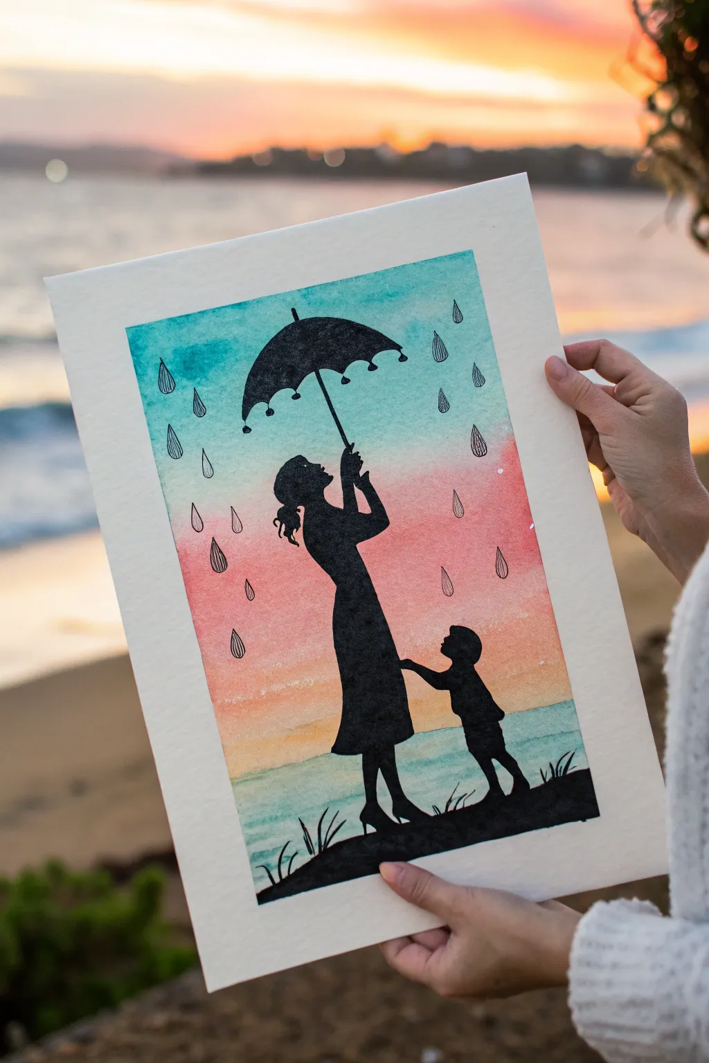 Minimalist umbrella silhouette painting idea celebrating mom protecting her little one.