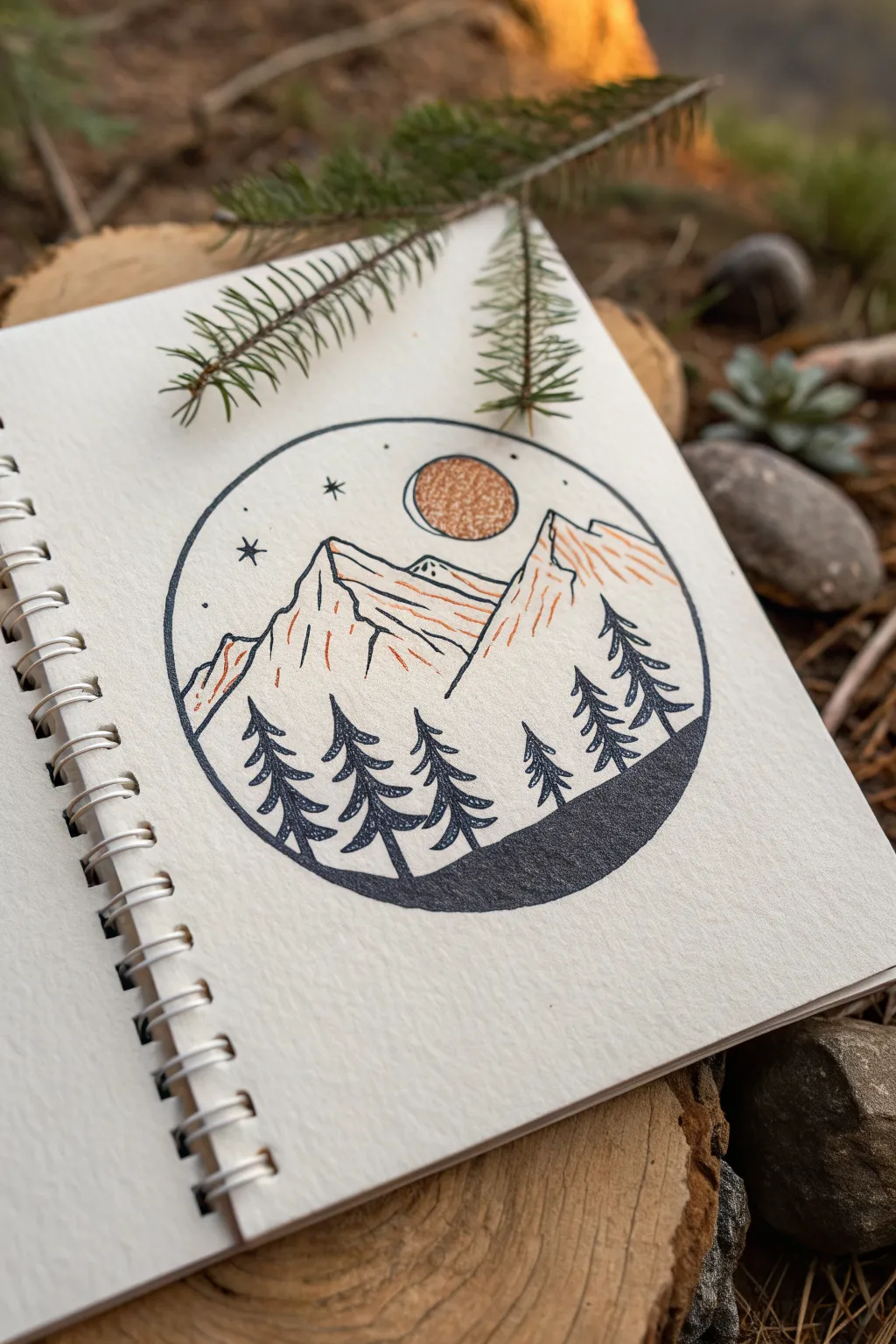 Sticker-style circular mountain badge drawing: clean lines, tiny trees, and a bold sun or moon