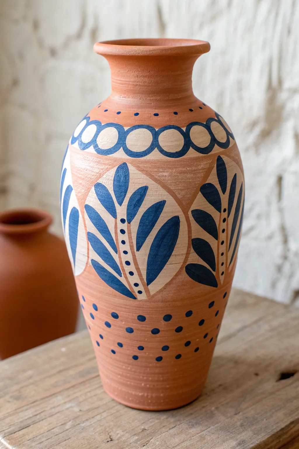 Negative-space patterns on a mud vase, leaving raw clay arches and dots for bold contrast.