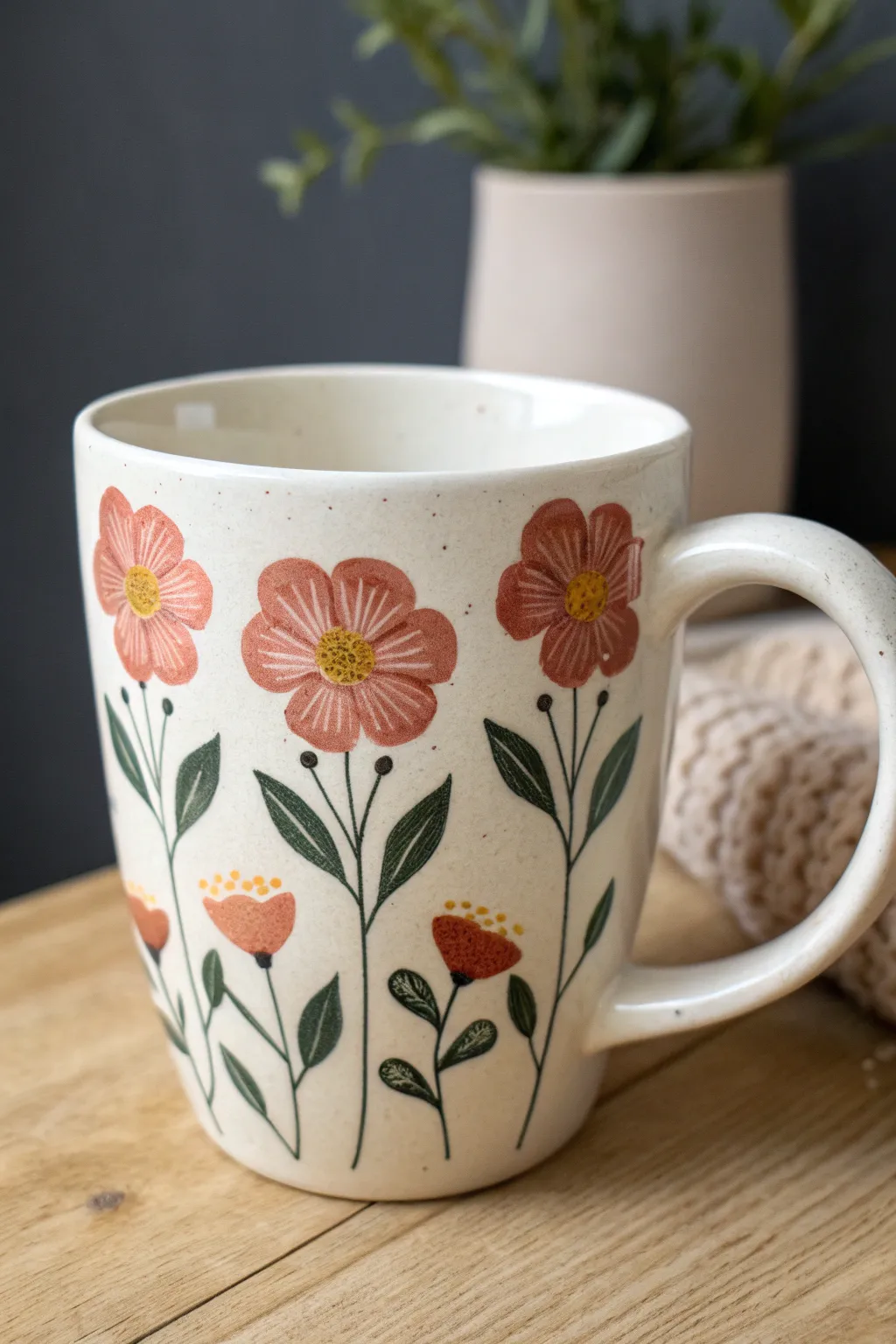 DIY mug art: sponge-stamped petal clusters in bold boho blooms on a clean white cup.