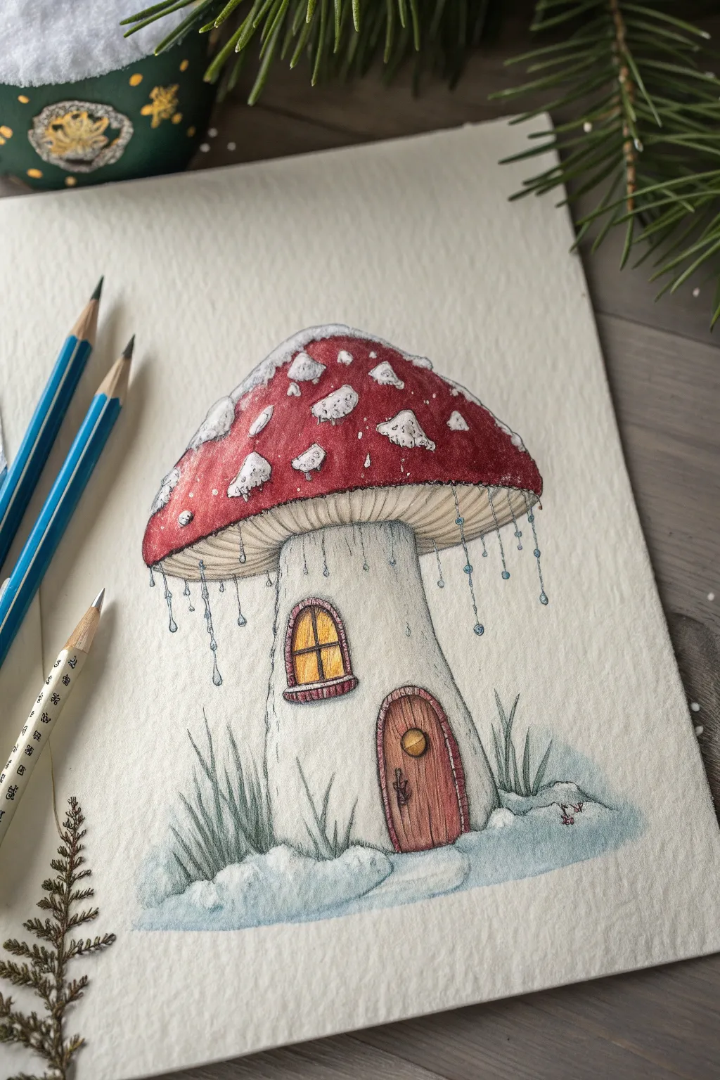 Cozy mushroom house sketch with snowy cap and glowing windows for winter drawing inspiration