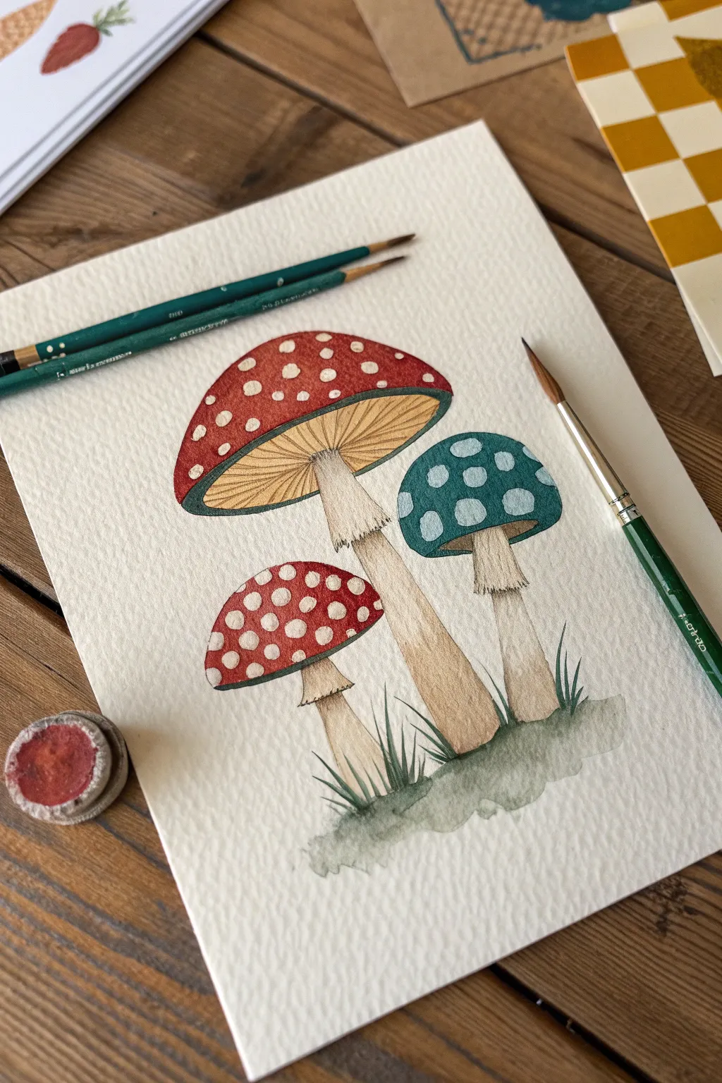 Playful patterned mushroom caps in dots, stripes, and checks with bold color and clean contrast.