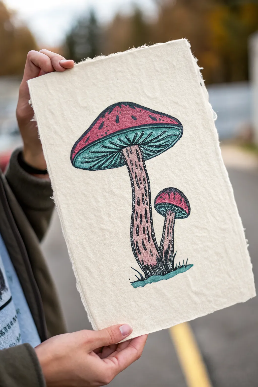 Glitchy double-outline mushroom sketch with misaligned eyes, minimalist yet boldly weirdcore.