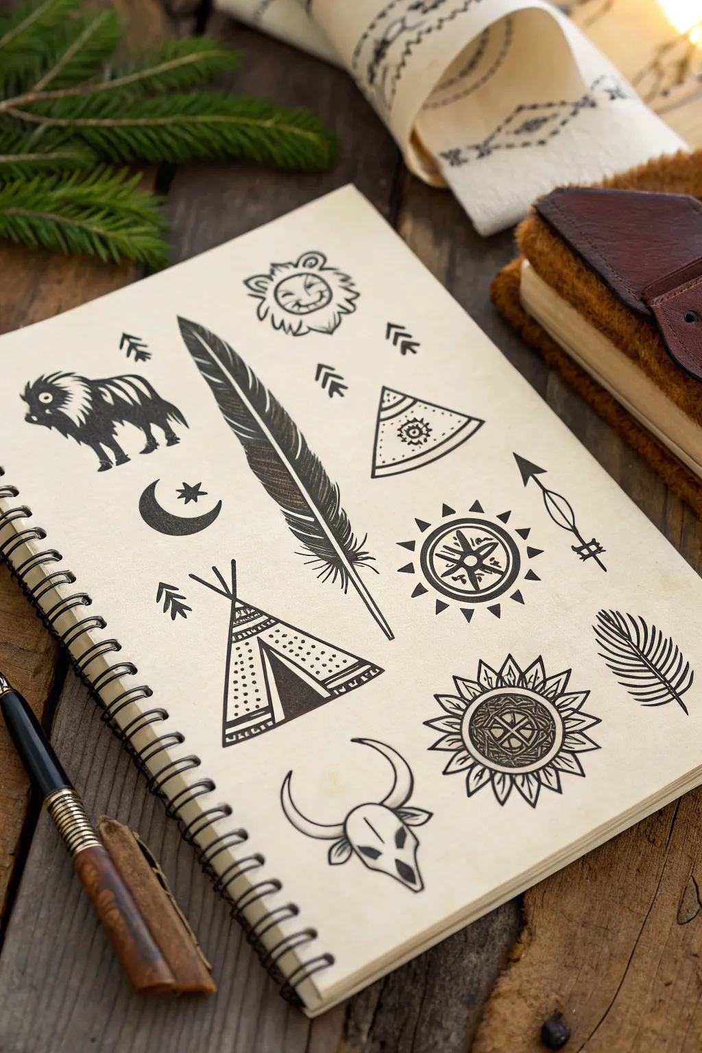 Minimal native tattoo flash sheet on warm paper, crisp ink lines with boho color accents