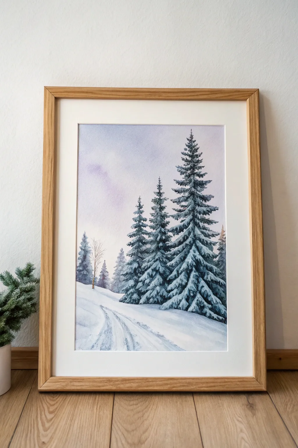 Snowy pines and blue shadows, minimalist winter palette with handcrafted watercolor charm.