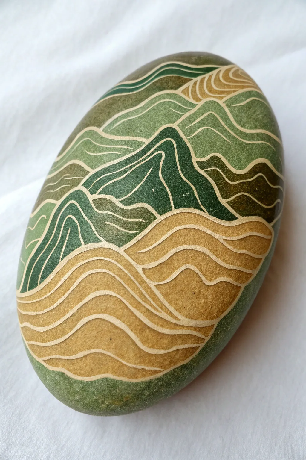 Topographic contour rock painting in earthy greens and tans for a modern nature-map look