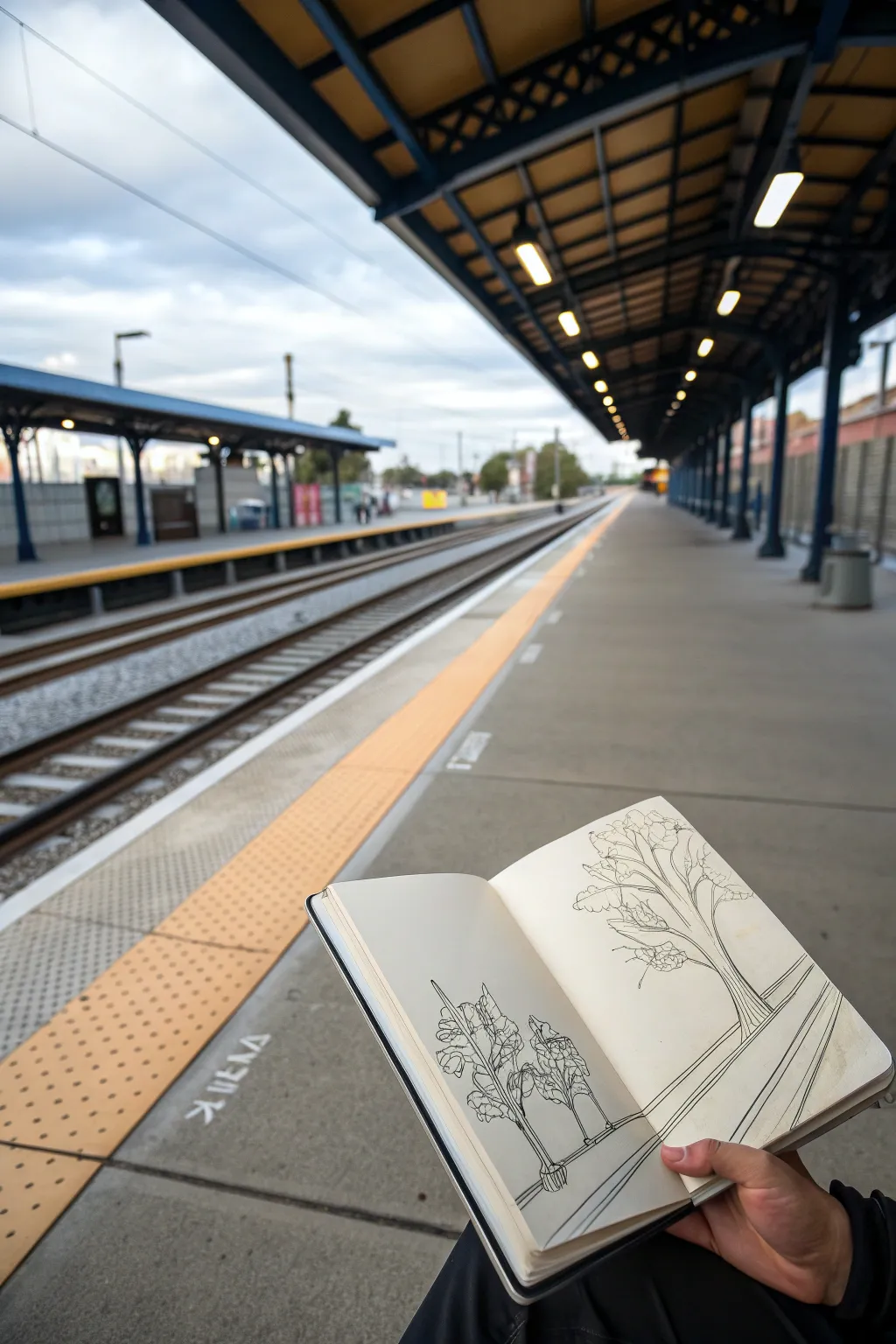 Minimal train platform perspective drawing with bold negative space blocks and clean punchy lines