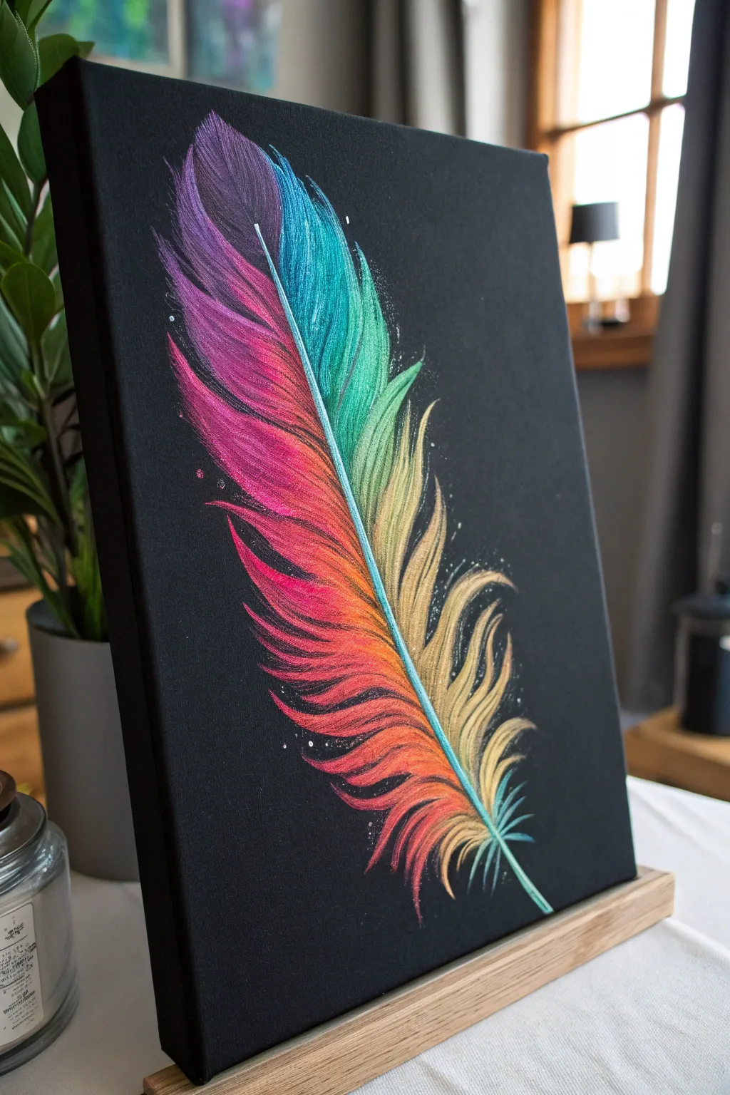 Neon feather on black canvas with soft blended highlights and a glowing aura, bold and chic