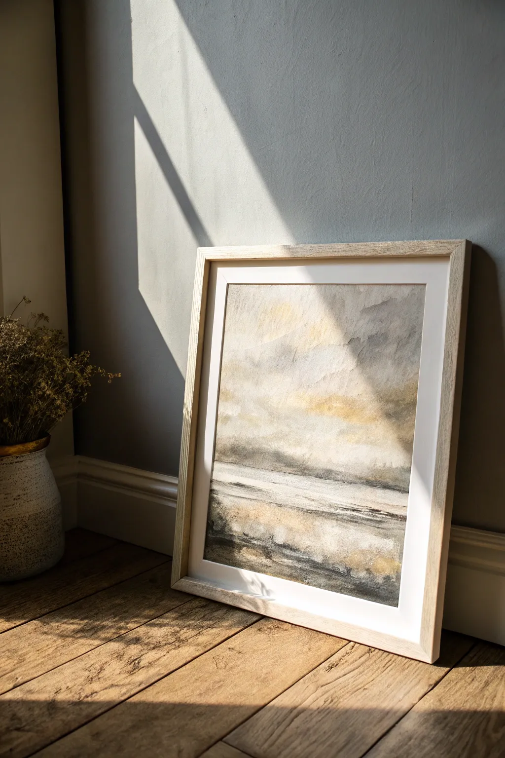 Moody charcoal over warm whitewash creates an easy, elegant neutral artwork with depth.