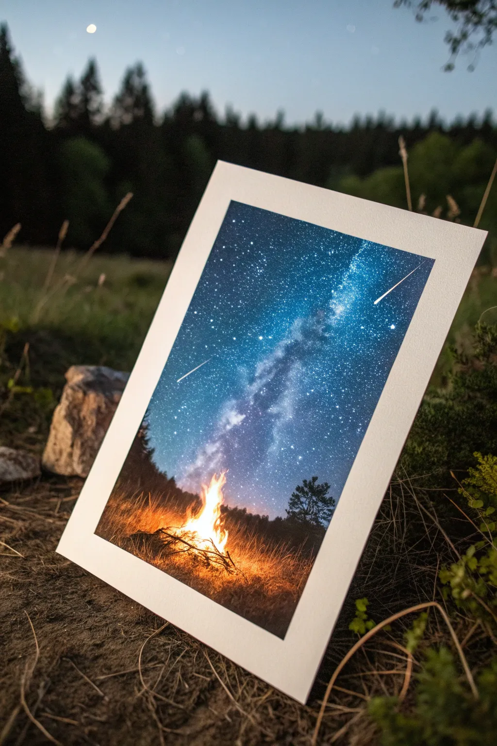 Warm campfire sparks rise into a deep blue star field, a bold minimalist night-sky painting idea.