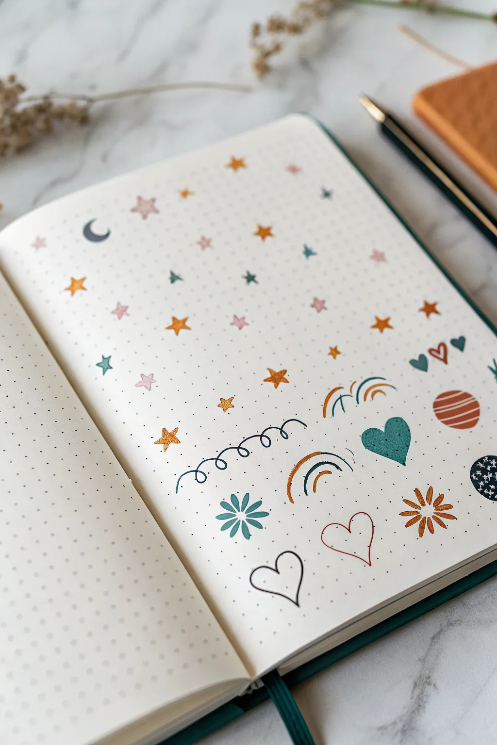 Mood tracker grid of tiny icons in a minimalist notebook, finished with bold boho color.
