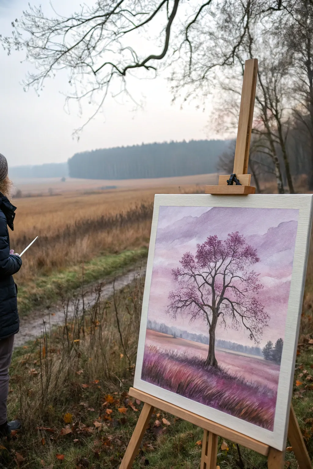 Paint a modern November landscape with plum washes and umber trees for a cozy monochrome vibe.