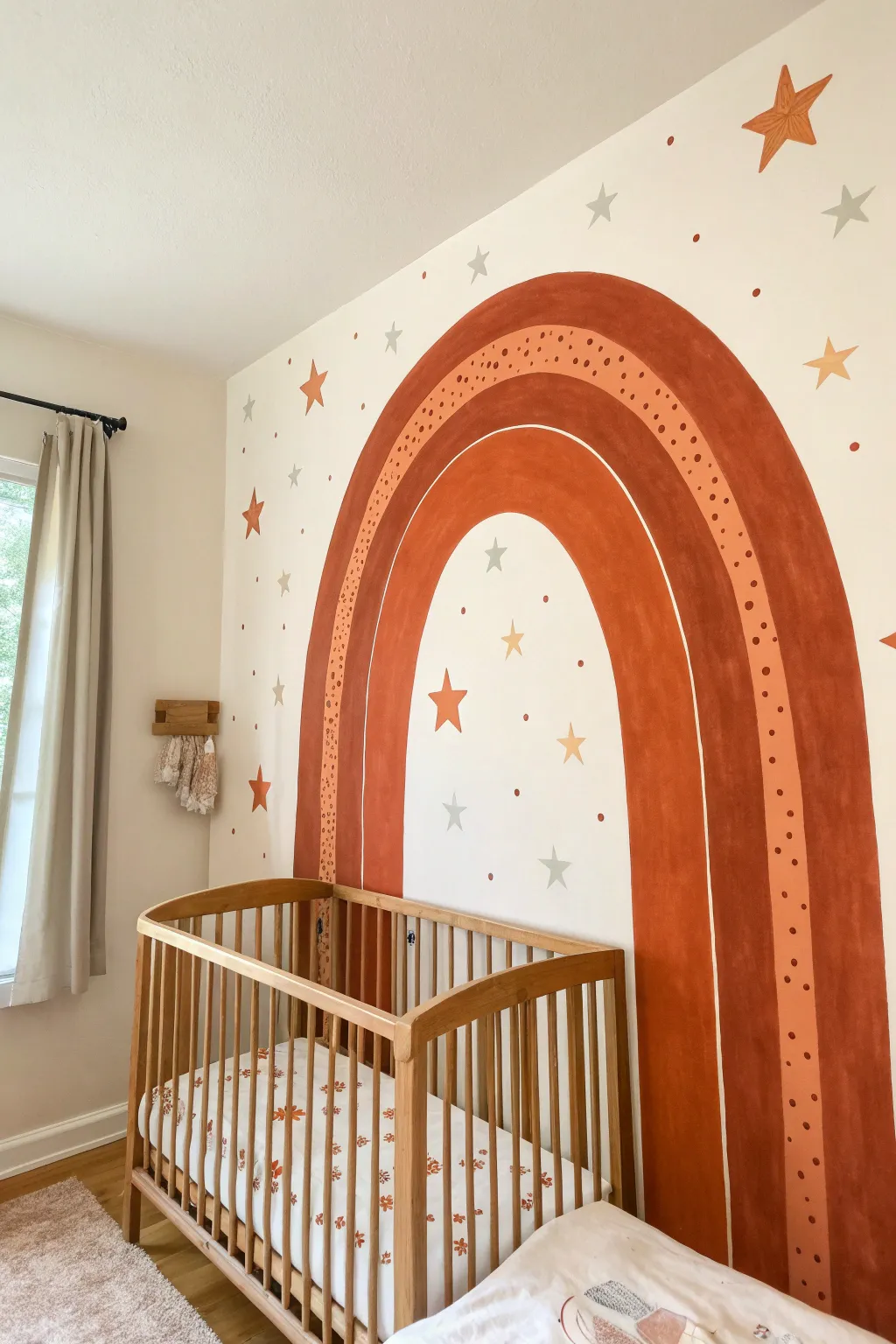 Simple painted arch mural behind crib creates a cozy, intentional feature wall for nurseries
