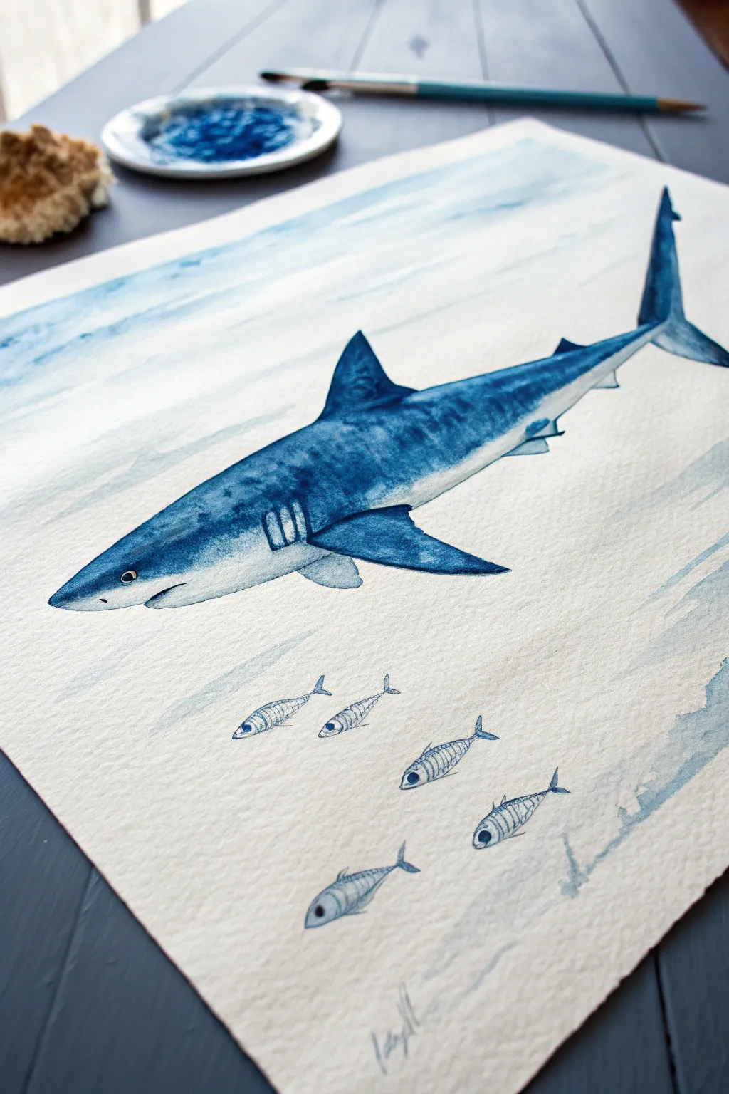 Bold shark profile slicing through cobalt blue, a clean minimalist ocean drawing idea with calm contrast