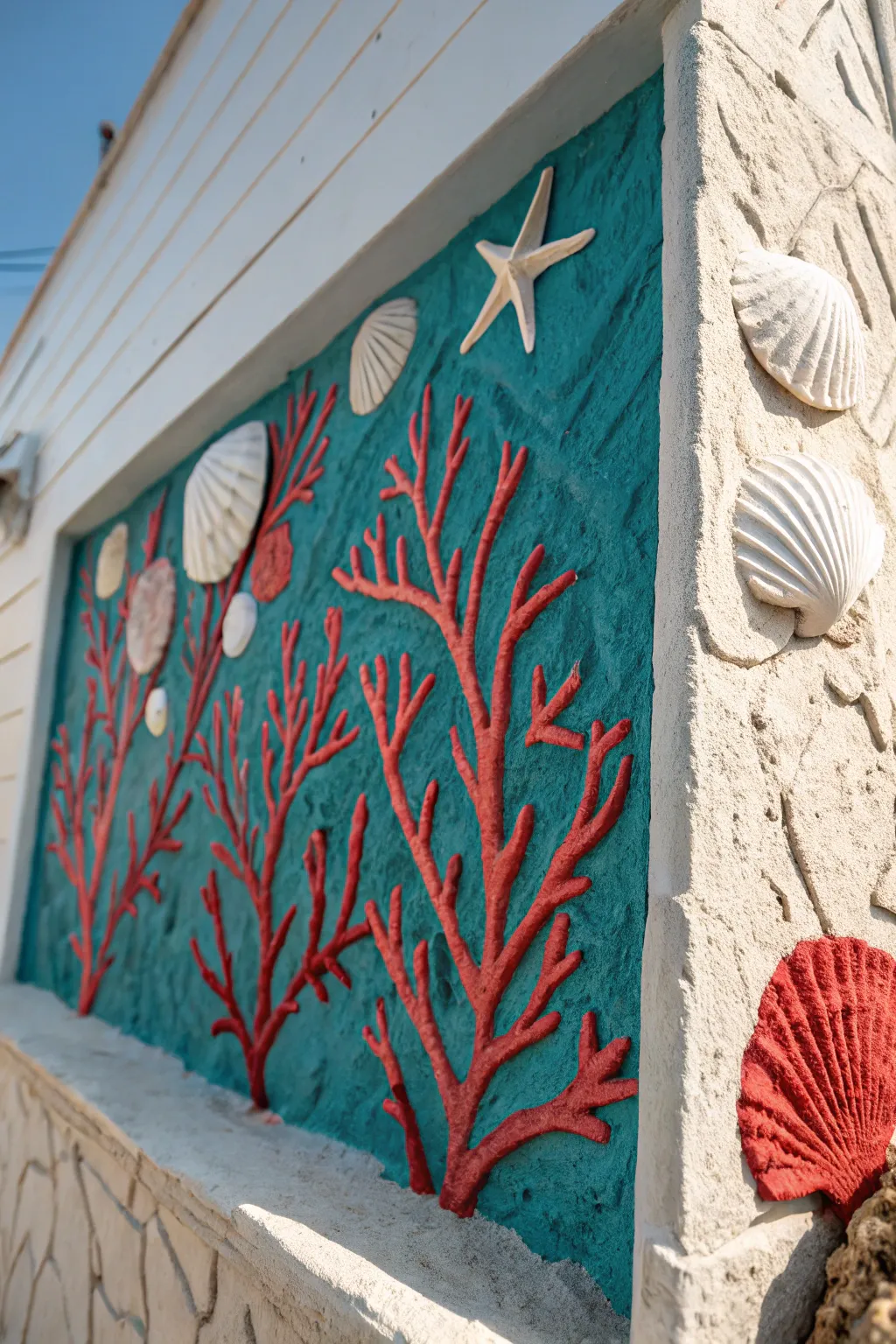 Textured coral and shell accents catch side light, adding luxe 3D depth to an ocean mural.