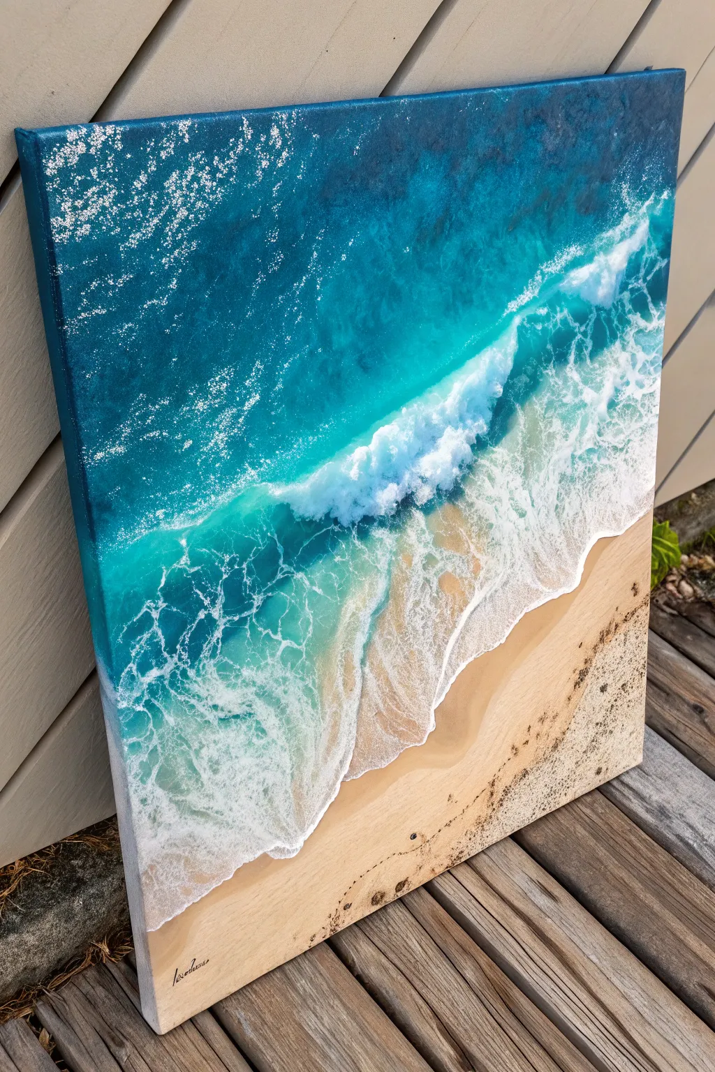 Minimal top-down shoreline painting with teal waves and warm sand, crisp foam lines, high contrast