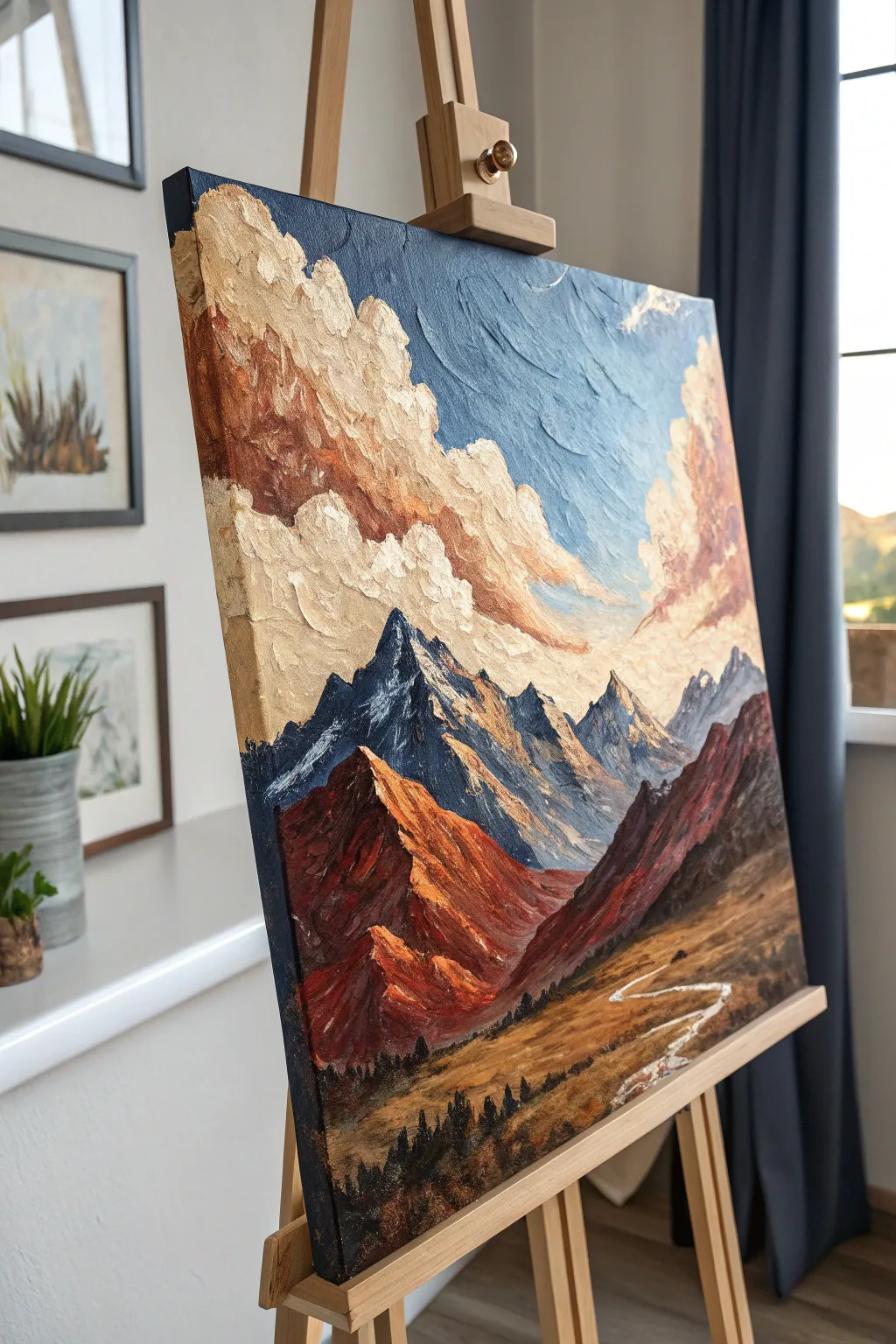 Create a bold impasto landscape with a palette knife and dramatic light-dark texture.
