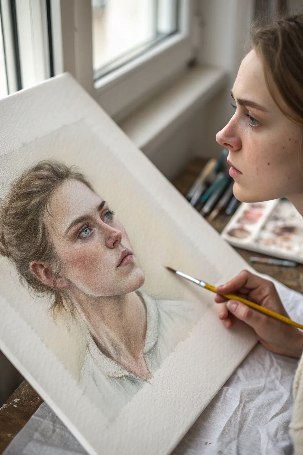 Blend oil pastels with a soft brush for velvety, painterly skin in portrait studies.