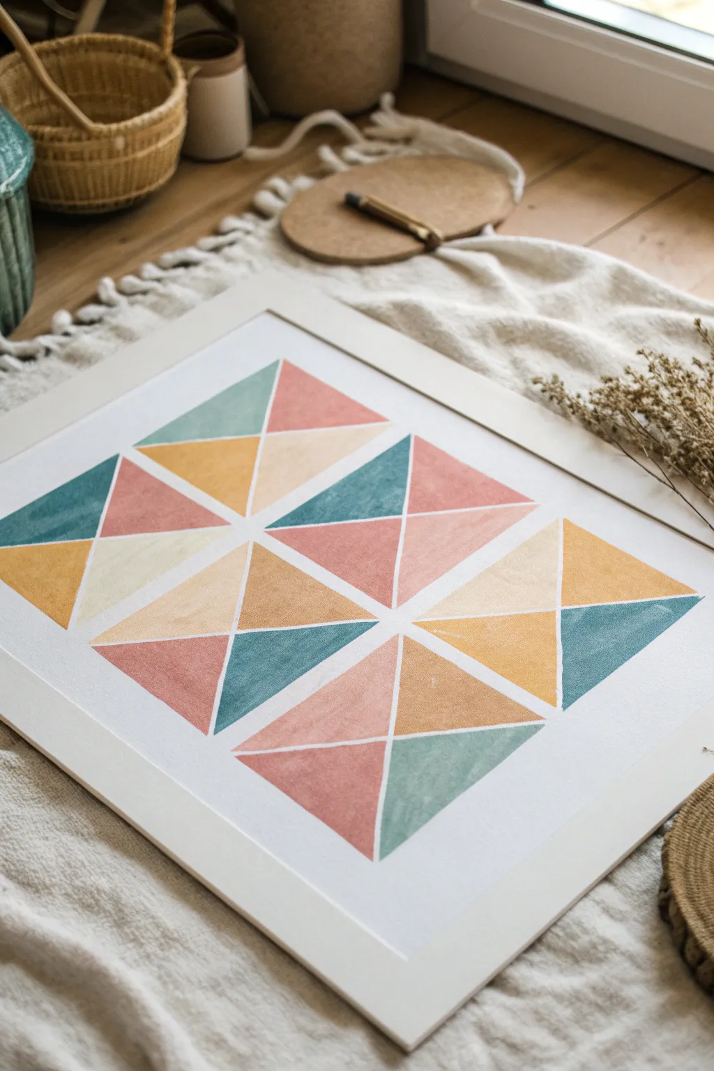 Tape-mask abstract gradient shapes in bold oil pastels, clean lines and striking color contrasts