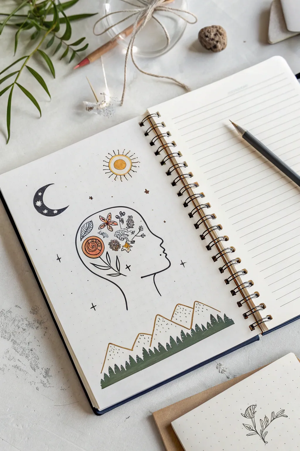 Open-mind silhouette fill-in drawing idea to map inner thoughts and outside influences in one page