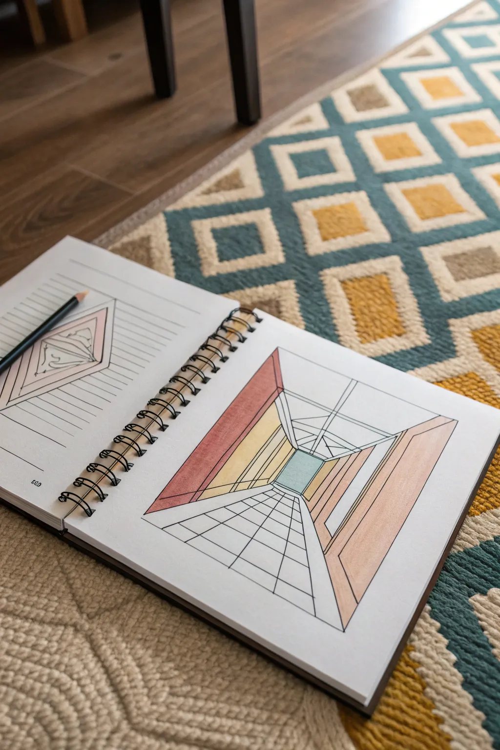 Draw an inside-out room illusion with bold one-point perspective for a striking minimalist look