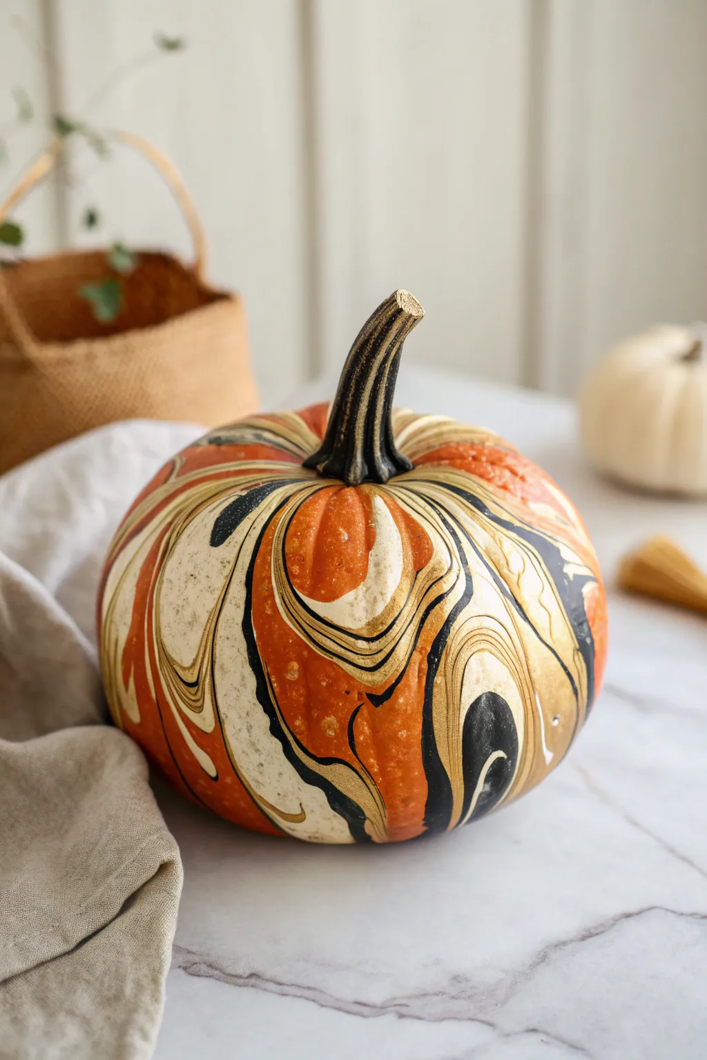 Marbled cream, black, and gold swirls transform an orange pumpkin into modern boho decor.
