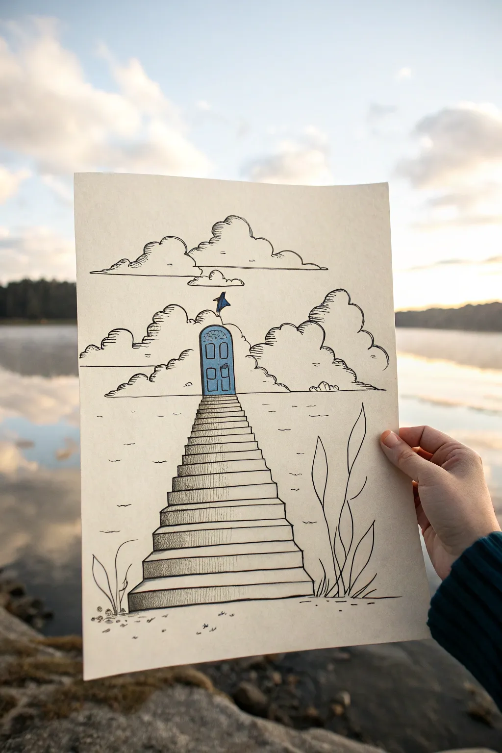 Dreamlike staircase into clouds, crisp linework and a bold cobalt door for surreal calm