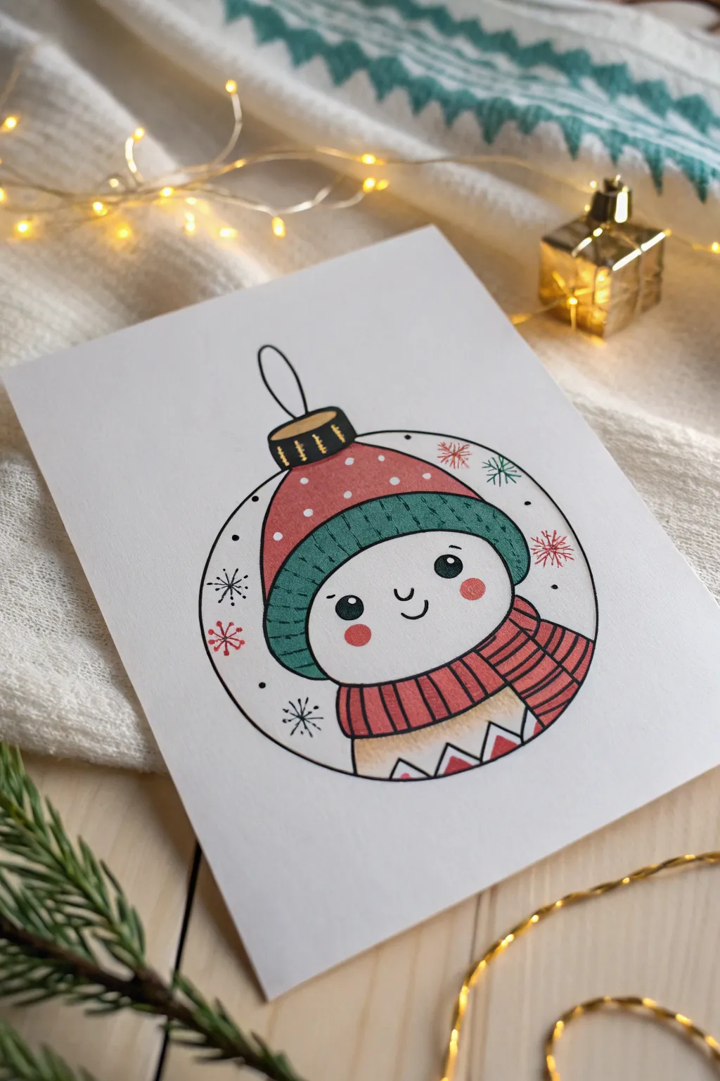 Sweet face ornament sketch with tiny hat and scarf, bold colors on clean paper, cute ideas