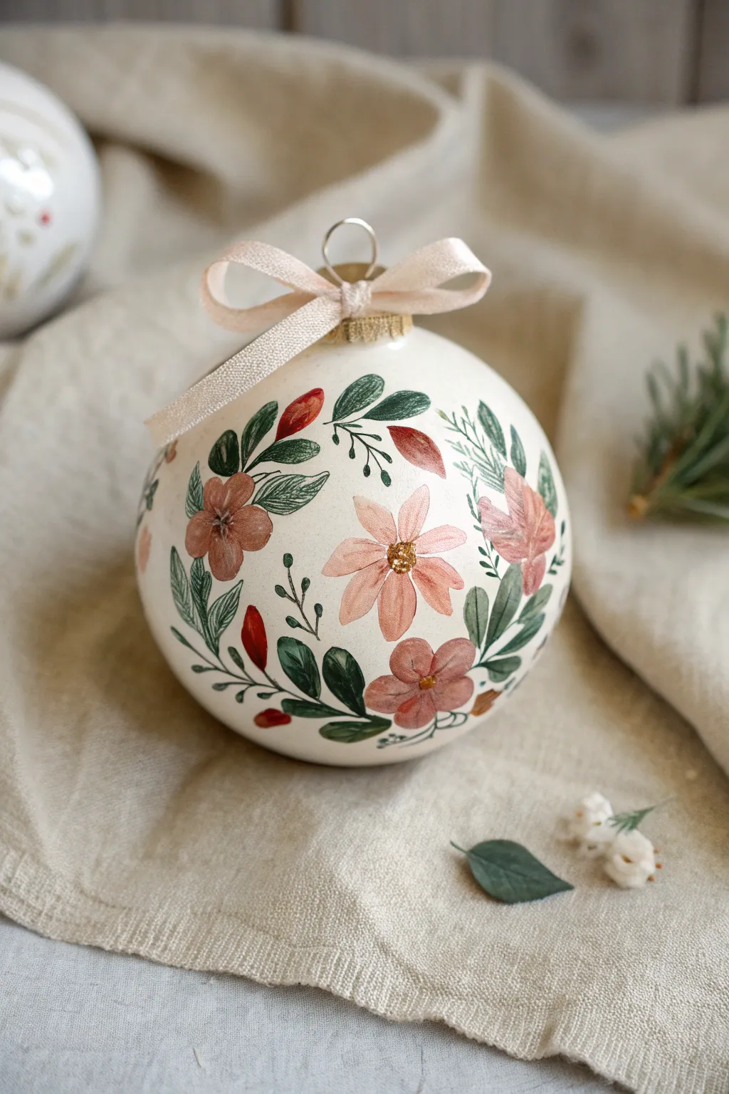 Layered floral wreath ornament with a linen bow, minimal styling and bold, handcrafted color