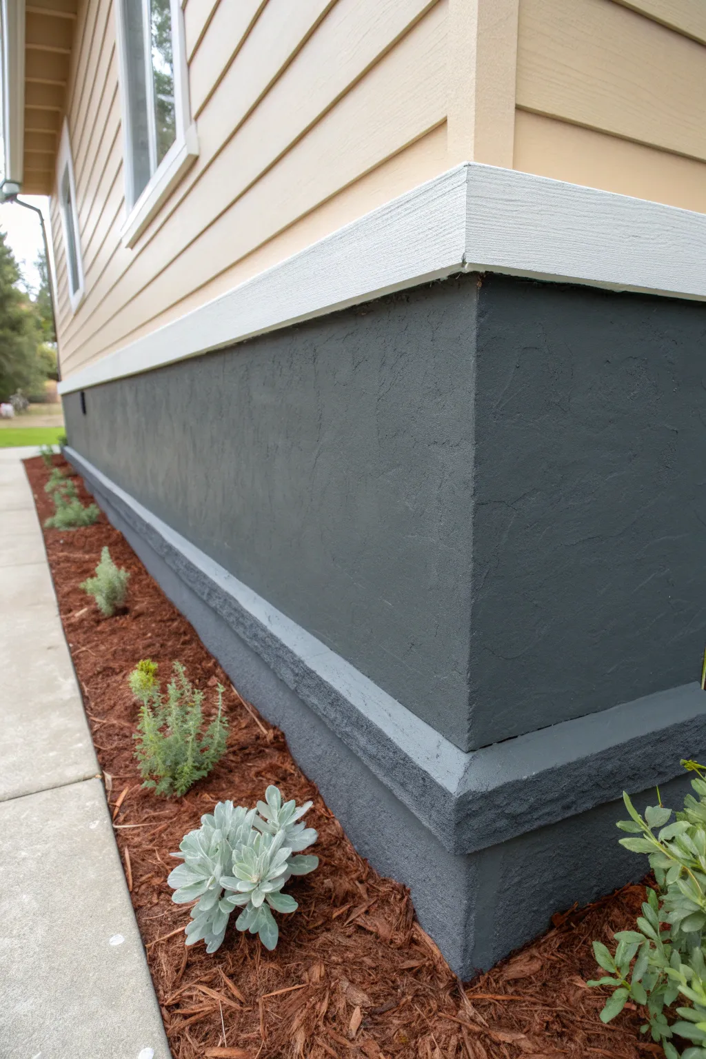 Deep charcoal foundation paint with warm mulch and greenery for a grounded, finished look.